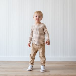 Long Sleeve Toddler Crew Neck Tee in Gingham Bisque
