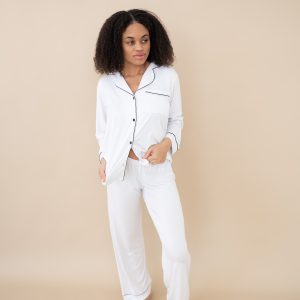 Women's Long Sleeve Pajama Set in Snow with Midnight Trim