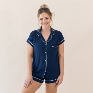 Women's Short Sleeve Pajama Set in Navy with Cloud Trim